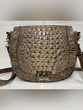 Brahmin Taupe Croc-Embossed Saddle Crossbody with Gold Hardware